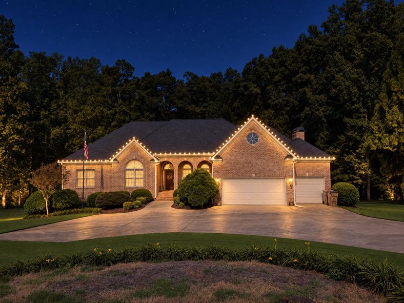 Brick residential home illuminated at night with manicured landscaping and double garage