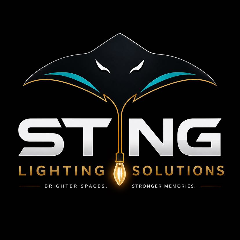 STING Lighting Solutions logo featuring a stylized manta ray with gold and teal accents and a light bulb