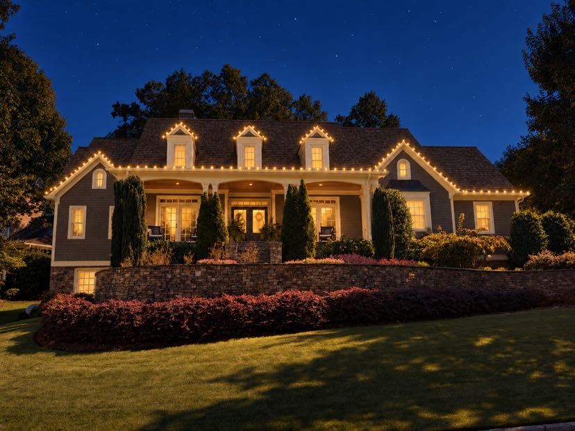 Elegant home exterior at night with warm landscape lighting along roofline and foundation