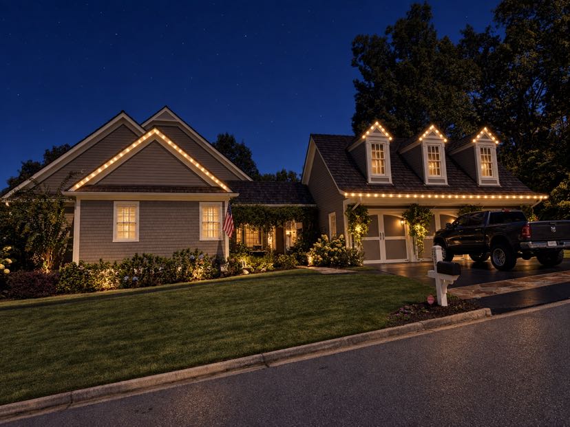 Well-lit two-story home at dusk with landscaping and parked vehicle in driveway