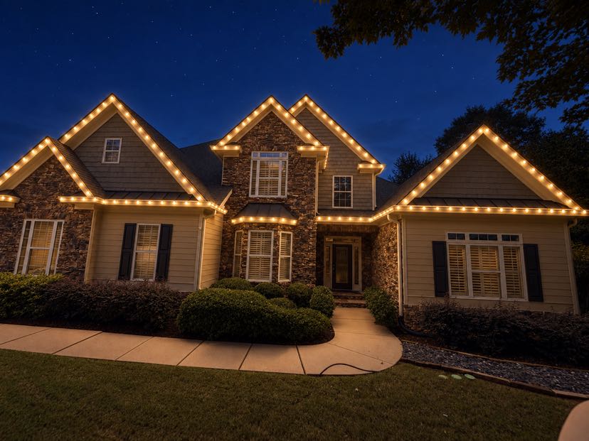 Luxurious home exterior illuminated with golden accent lighting at dusk under starry sky
