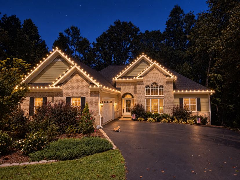 Illuminated brick home at dusk with landscape lighting along roofline and driveway